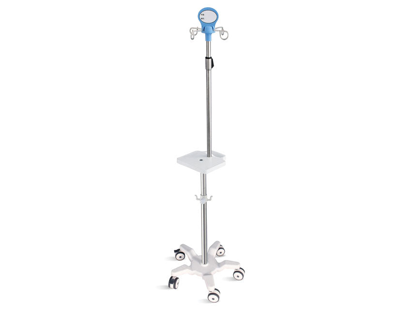 SOPORTE PARA BOMBAS DE INFUSIÓN DE 5 RUEDAS con asa y estante - acero inoxidable - 4 ganchos - capacidad 20 kg