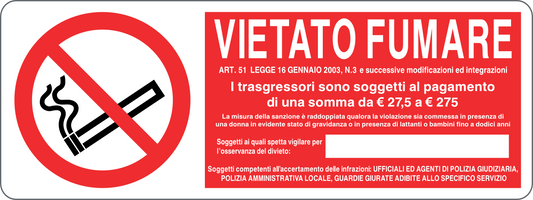 Cartello vietato fumare con legge e sanzioni + spazio scrivibile riservato ai soggetti incaricati all'osservanza del divieto 1463