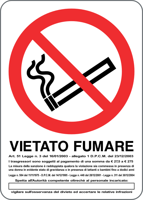 Cartello vietato fumare - legge e sanzioni con spazio scrivibile riservato ai soggetti incaricati all'osservanza del divieto 19511