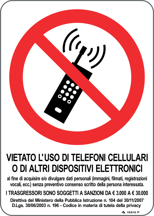 Cartello vietato l'uso di telefoni cellulari o di altri dispositivi elettronici - legge e sanzioni 19810