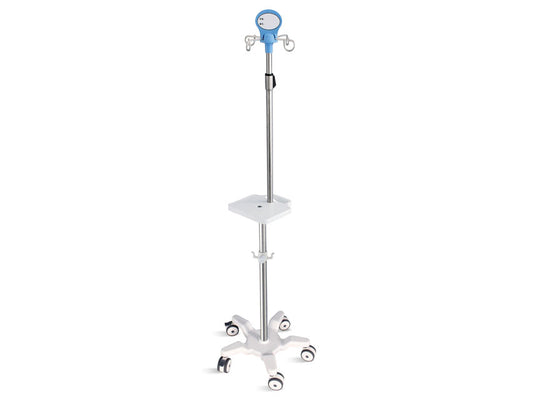 PIANTANA PER POMPE INFUSIONALI A 5 RUOTE con manico e ripiano - acciaio inox - 4 ganci - portata 20 kg